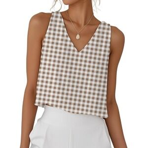 Gingham V-Neck Cropped Sleeveless Tank Top Brown Checkered Blouse M - NEW